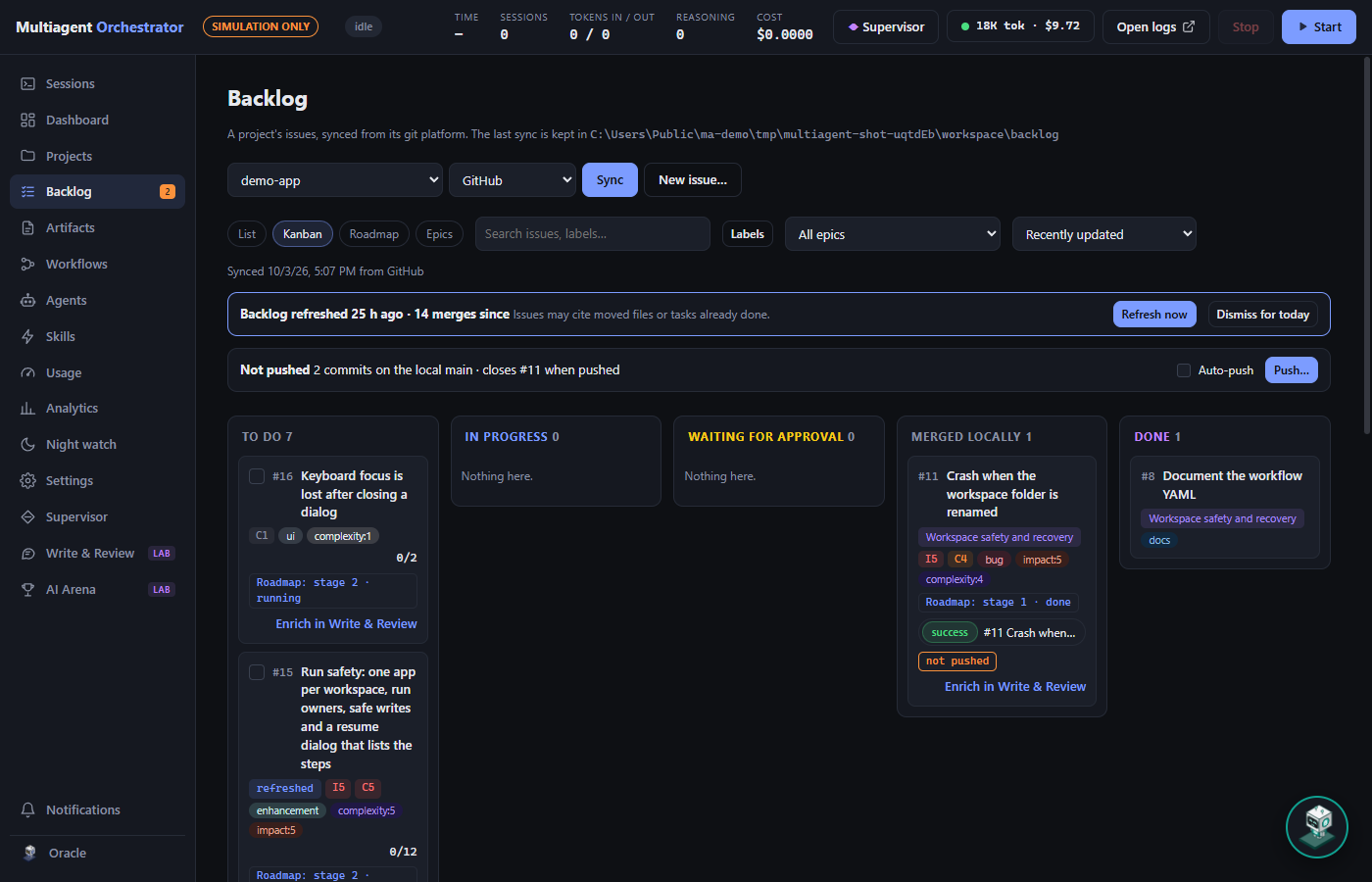 Backlog em kanban com as issues do GitHub e o andamento de cada execução